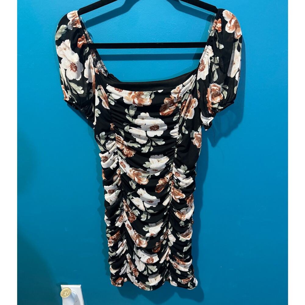 XL Black Ruched Floral Dress
